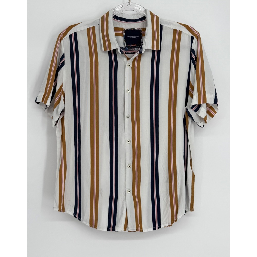 Denim & Flower Ricky Singh Mens Striped Short Sleeve Shirt White Navy Sz M